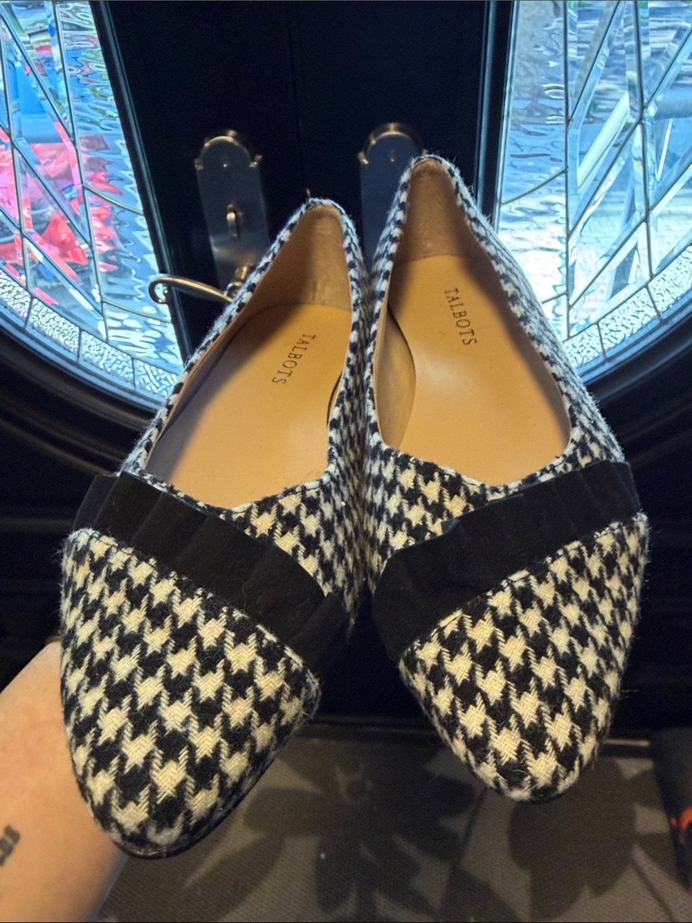 Talbots Black and White Houndstooth Pointed Toe Flats with Black Trim
